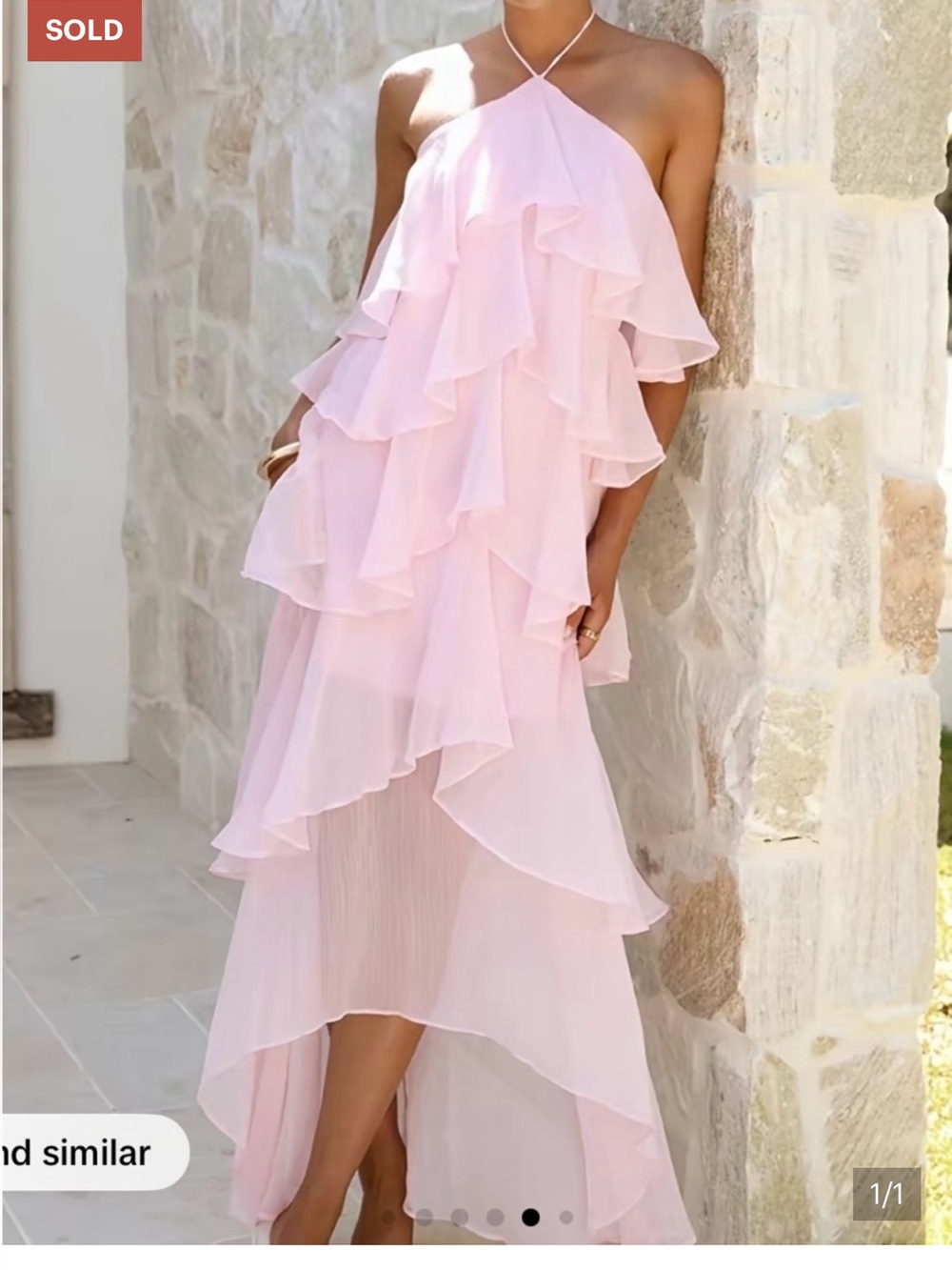 Elegant Women’s Pink Halter Ruffle High-Low Dress, tiered, M